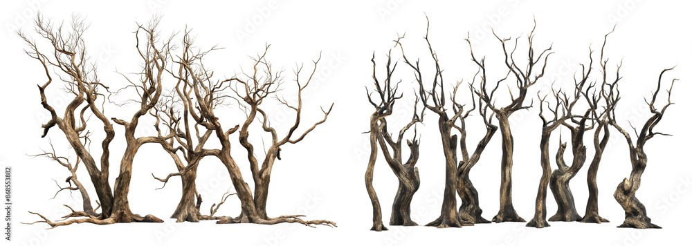 Poster photorealistic rendering of several dead trees isolated on transparent background