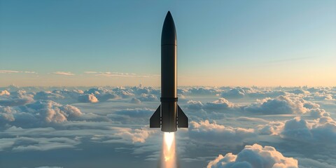 Aerial Assault Hypersonic Missile Rocket Soars Above the Clouds. Concept Aerial Assault, Hypersonic Missile, Rocket, Above the Clouds, Soaring