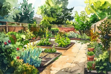 Obraz premium Imagine a serene neighborhood garden in watercolor style, where shared planting areas and tools foster community spirit. oasis for urban residents, non-ownership mentality