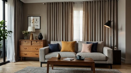 Interior of light living room with grey sofas, coffee table and large window