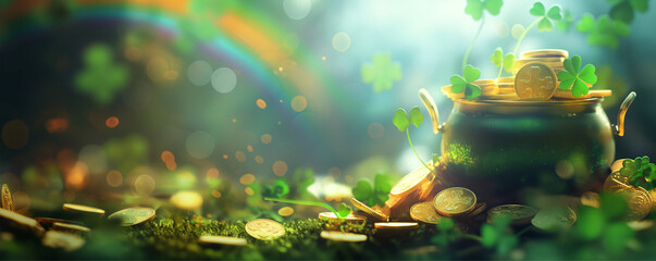 A pot of gold surrounded by coins and clovers, under a vibrant rainbow and bokeh light effects.