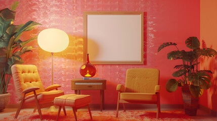 Retro, vintage interior design living room with an empty mockup poster on the wall, vibrant 1980s interior design
