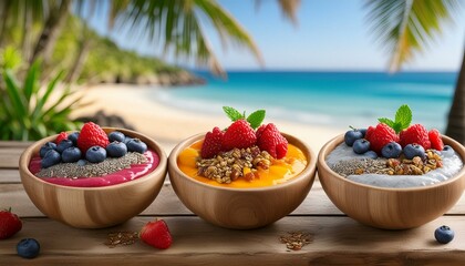  Three vibrant smoothie bowls topped with granola, chia seeds, and fresh berries, set on a wo