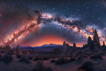 Obraz premium Stunning Night Sky with Milky Way Over Desert Landscape and Mountain Range at Sunset