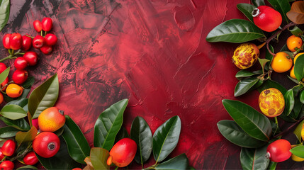 A striking arrangement of various tropical fruits and vibrant green leaves set against a deep red textured background.