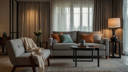Fototapeta premium Interior of light living room with grey sofas, coffee table and large window