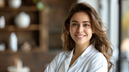 Female cosmetologist beauty industry worker professional portrait at workplace in clinic spa salon. Attractive smiling woman