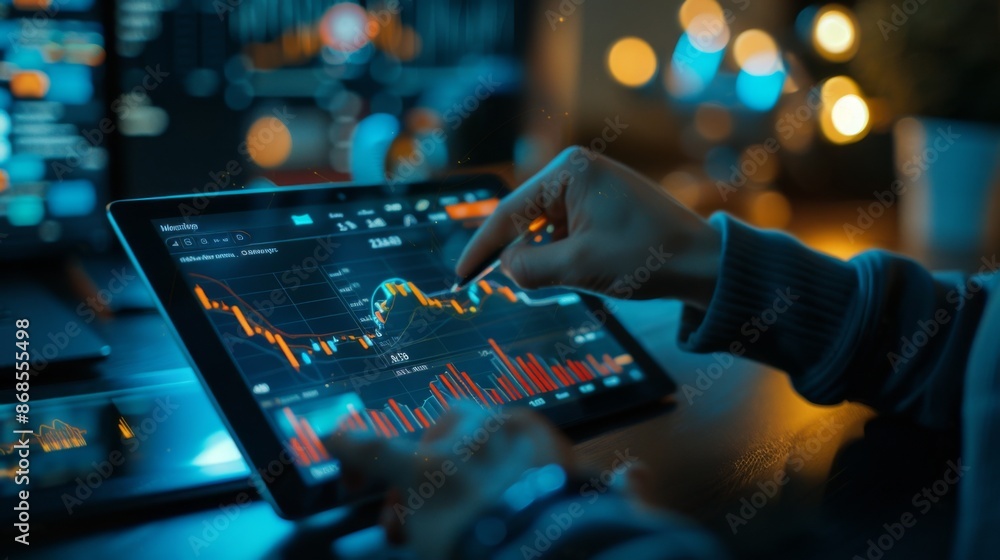 Poster a trader analyzing gold price movements on a tablet, with technical indicators and trading signals d