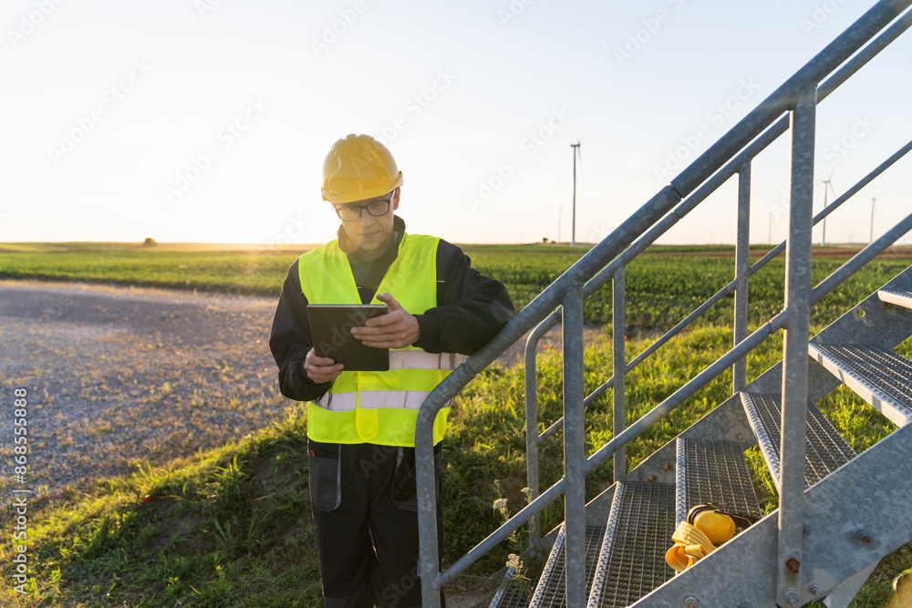 Aufkleber Engineer with digital tablet works on a field of wind turbines	