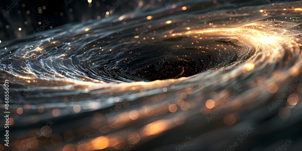 Poster how black holes distort particle paths, resulting in unpredictable trajectories. concept astrophysic