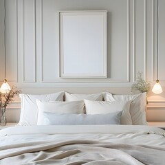 mockup frame in bed room, framed blank white on the wall above an unmade bed in a hotel room
