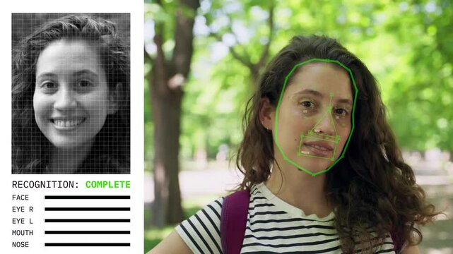 Face recognition and detection technology using AI and algorithm to detect face. Young woman in park recognized by artificial intelligence computer app. Government spying method or human verification