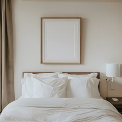 mockup frame in bed room, framed blank white on the wall above an unmade bed in a hotel room