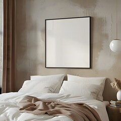 mockup frame in bed room, framed blank white on the wall above an unmade bed in a hotel room
