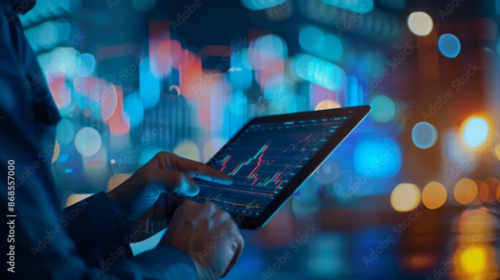 Aufkleber an investor examining a tablet displaying real-time gold price fluctuations and market analysis grap