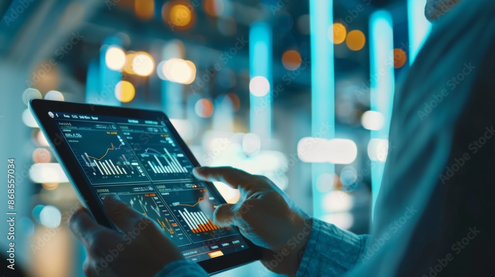 Poster an investor examining a tablet displaying real-time gold price fluctuations and market analysis grap