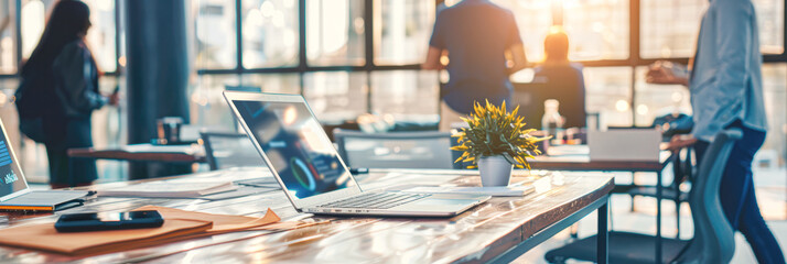Collaborative Team Meeting in Office with Laptops and Notes, Copy Space Available