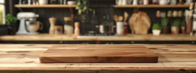 Square Wooden Pizza Board on a Kitchen Counter with a Modern Interior Design in blurred background