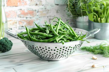 A colander filled with fresh green beans and broccoli