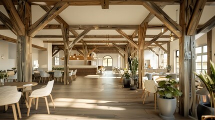 Fototapeta premium modern wedding venue with wooden beams and a chic, rustic charm