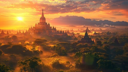 Fototapeta premium Sunset casting warm hues over ancient ruins and temples in a renowned capital city, evoking a sense of timeless beauty and tranquility.