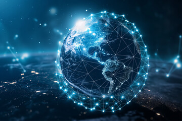 Fototapeta premium Digital rendition of Earth showing network connections against a galaxy backdrop, depicting globalism and technology.