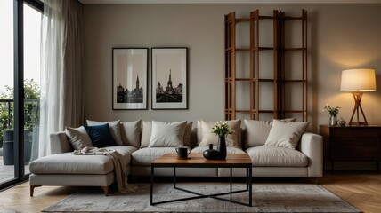 Fototapeta premium Interior of light living room with grey sofas, coffee table and large window