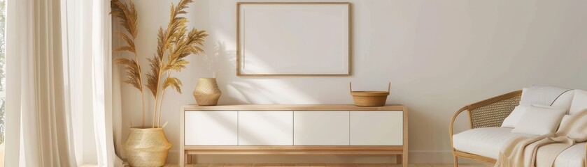 Modern minimalist living room interior with wooden furniture, decorative vases, and a blank picture frame on the wall.