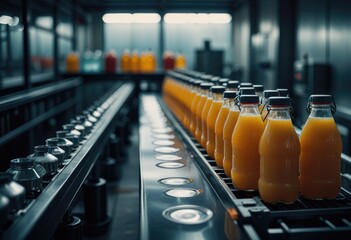 Fototapeta premium Inside a beverage factory, conveyor belts transport water and juice bottles through the production line