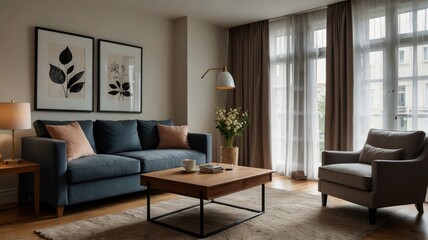 Fototapeta premium Interior of light living room with grey sofas, coffee table and large window