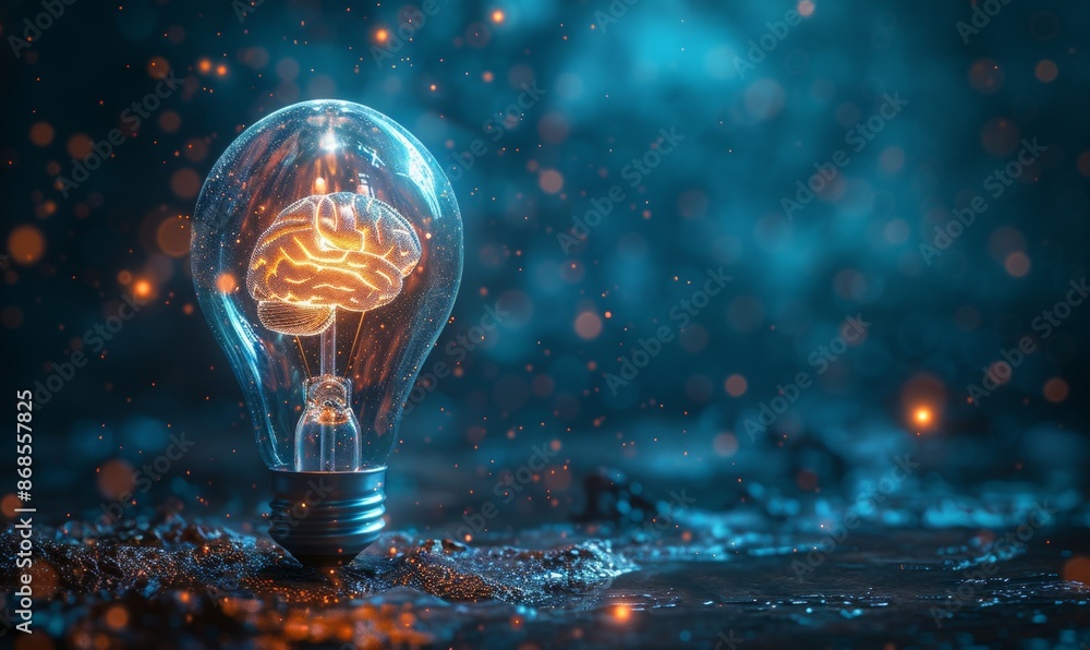 Poster 3d rendering of a light bulb with a brain inside on a dark blue background.