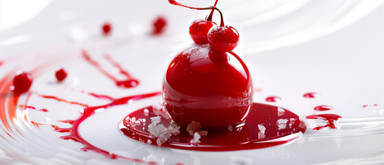 An elegant red dessert sphere topped with berries and surrounded by splashed sauce, creating a striking contrast on the white plate.