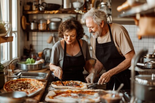 Happy senior couple preparing homemade pizza together in a rustic kitchen with various utensils and fresh ingredients