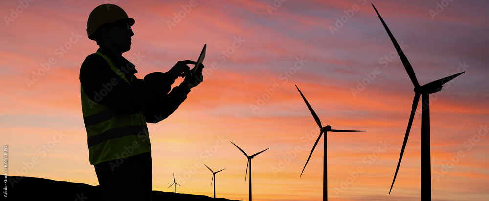 Aufkleber Engineer with digital tablet works on a field of wind turbines at sunset	