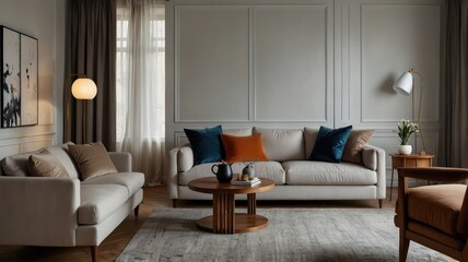 Interior of light living room with grey sofas, coffee table and large window