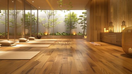 modern yoga studio with wooden floors and a peaceful, calming environment