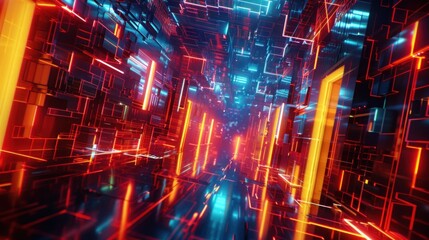 Obraz premium Abstract Neon Corridor with Glowing Lines and Shapes