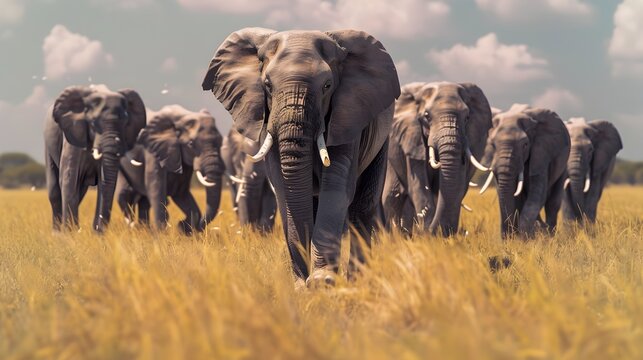 Herd of Elephants Performing a Synchronized Stomping Routine in the Savanna Landscape