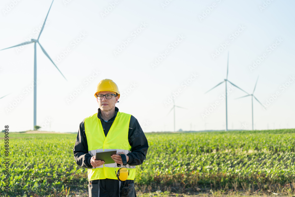 Aufkleber engineer with digital tablet works on a field of wind turbines