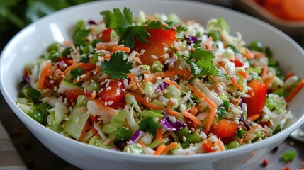 A fresh and colorful vegetable salad made with cabbage, carrots, bell peppers, cilantro, and sesame seeds in a white bowl.