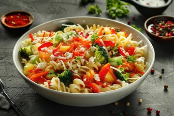 A vibrant bowl of fresh vegetable pasta salad with colorful ingredients, perfect for a healthy and delicious meal.