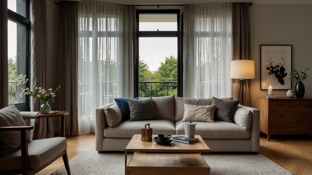 Interior of light living room with grey sofas, coffee table and large window