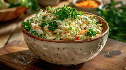 Fresh creamy coleslaw in a rustic bowl on a wooden table, garnished with chopped parsley, vibrant vegetables, and a creamy dressing.
