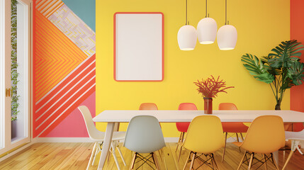 Retro, vintage interior design living room with an empty mockup poster on the wall, vibrant 1980s interior design