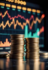 Financial success illustrated through a business graph, coins, investment data, and profit bars in forex