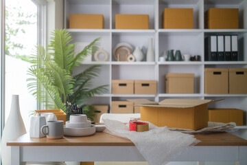 Storage area, creative startup  workstation with package product boxes for preparing to deliver to customer.
