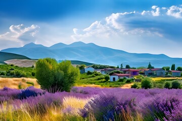 Lavender field in mountains with house