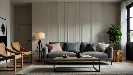 Interior of light living room with grey sofas, coffee table and large window