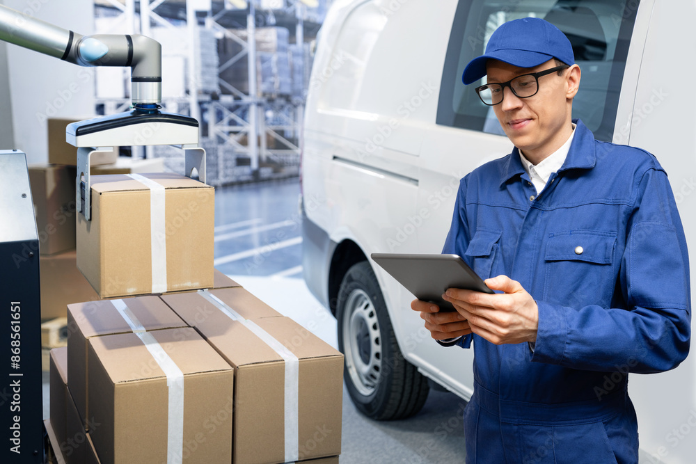 Poster Warehouse manager with digital tablet controls robot