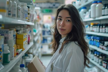 Young female pharmacist working in a pharmacy aisle, surrounded by shelves filled with medical supplies. She is holding a box and looking at the camera. Professional setting. Generative AI